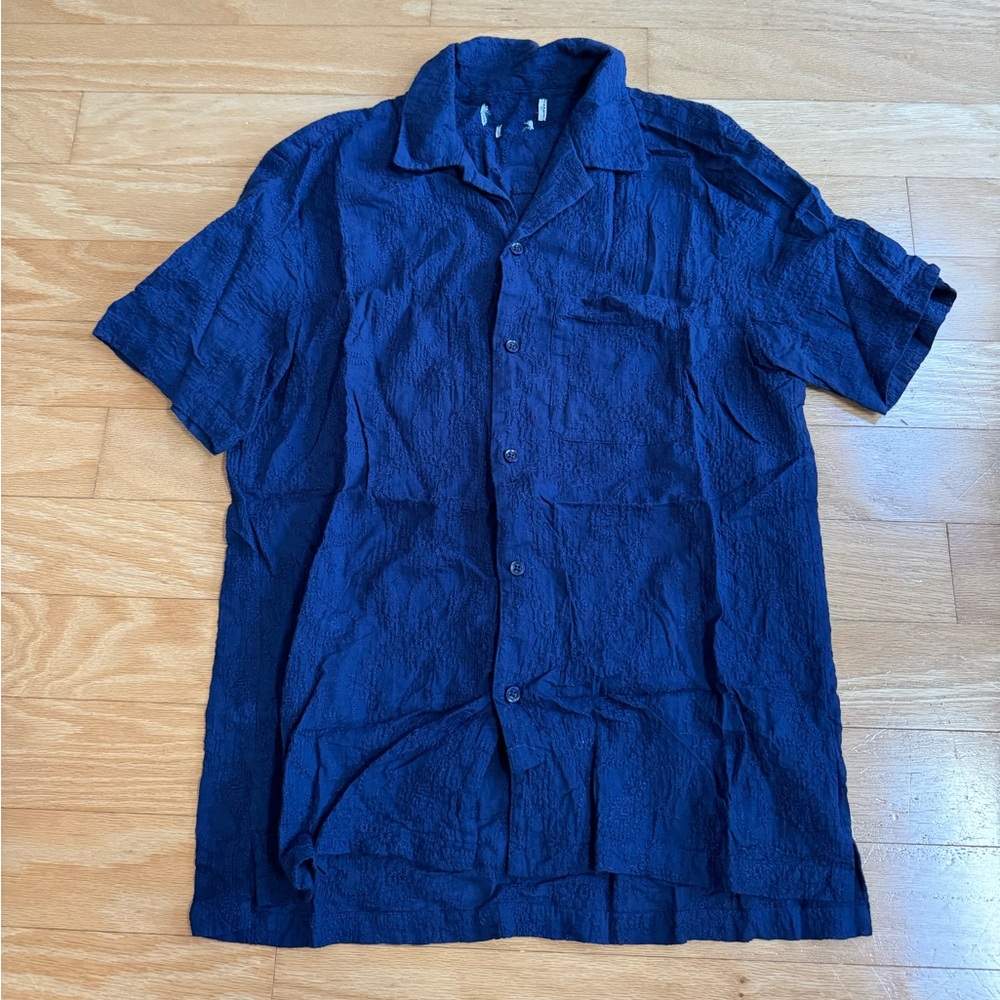 Blue Embroidered Casual Button-Down